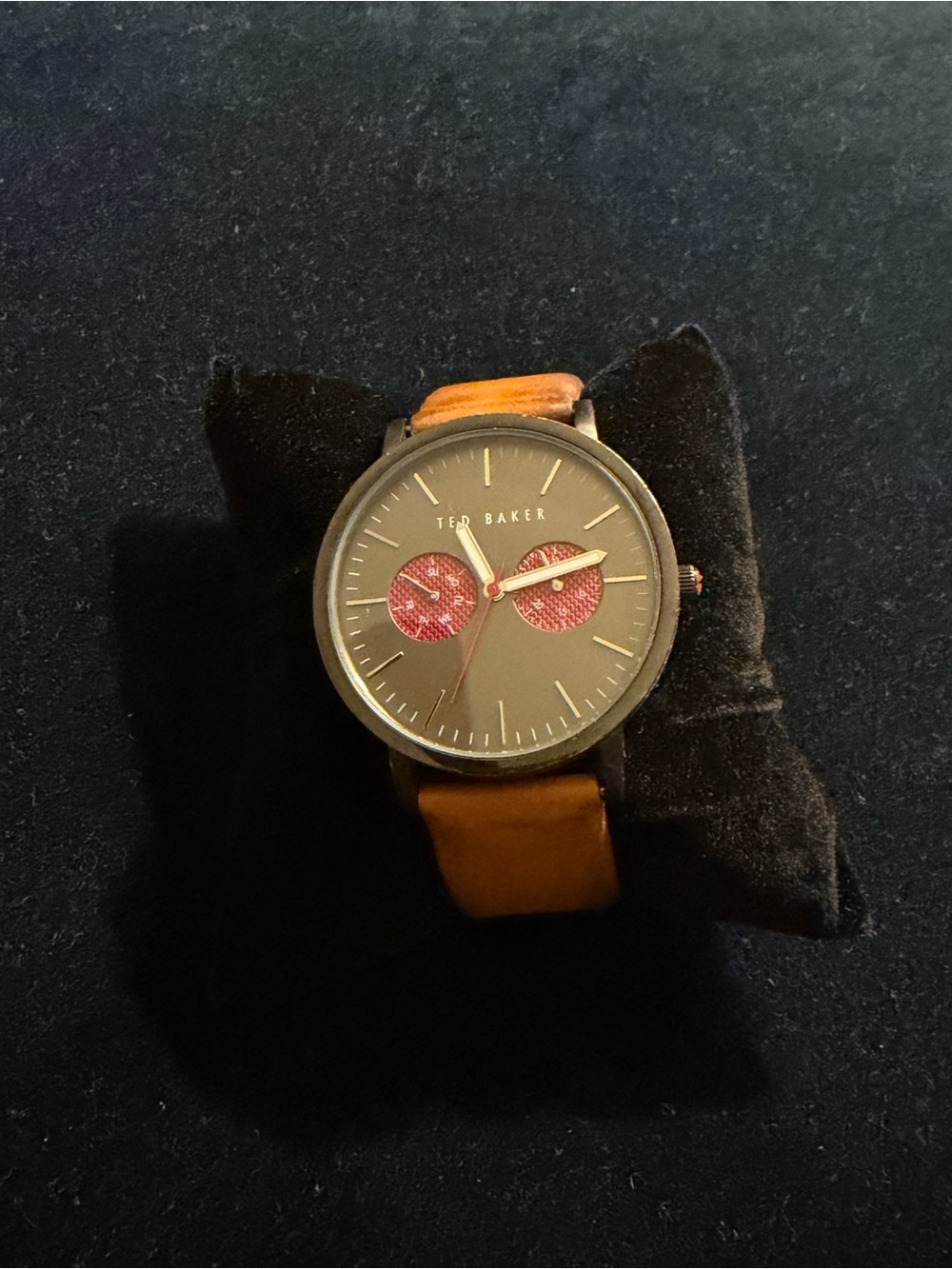 Ted Baker Gray Dial Watch with Brown Strap and Red Subdials